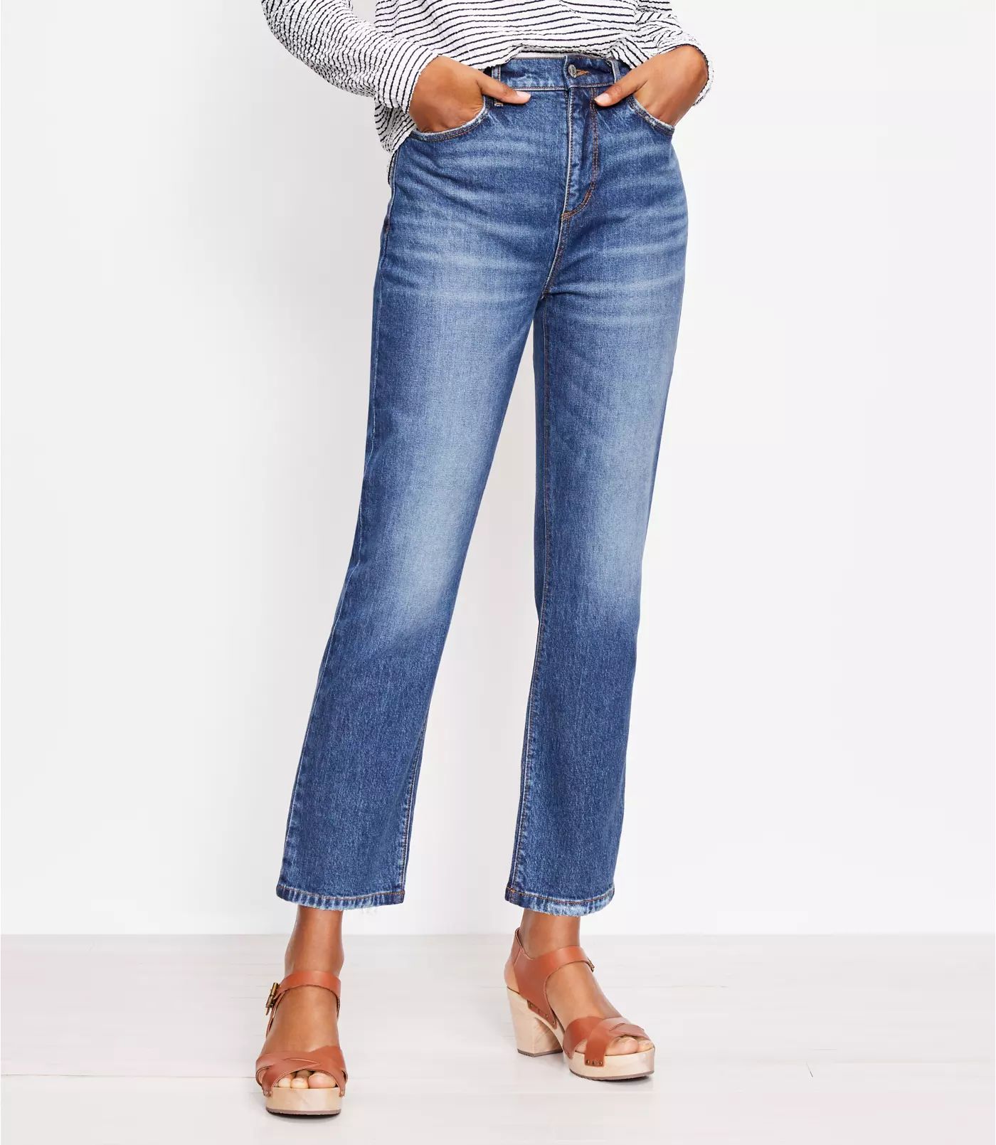 High Rise Straight Crop Jeans in Staple Mid Indigo Wash | LOFT | LOFT