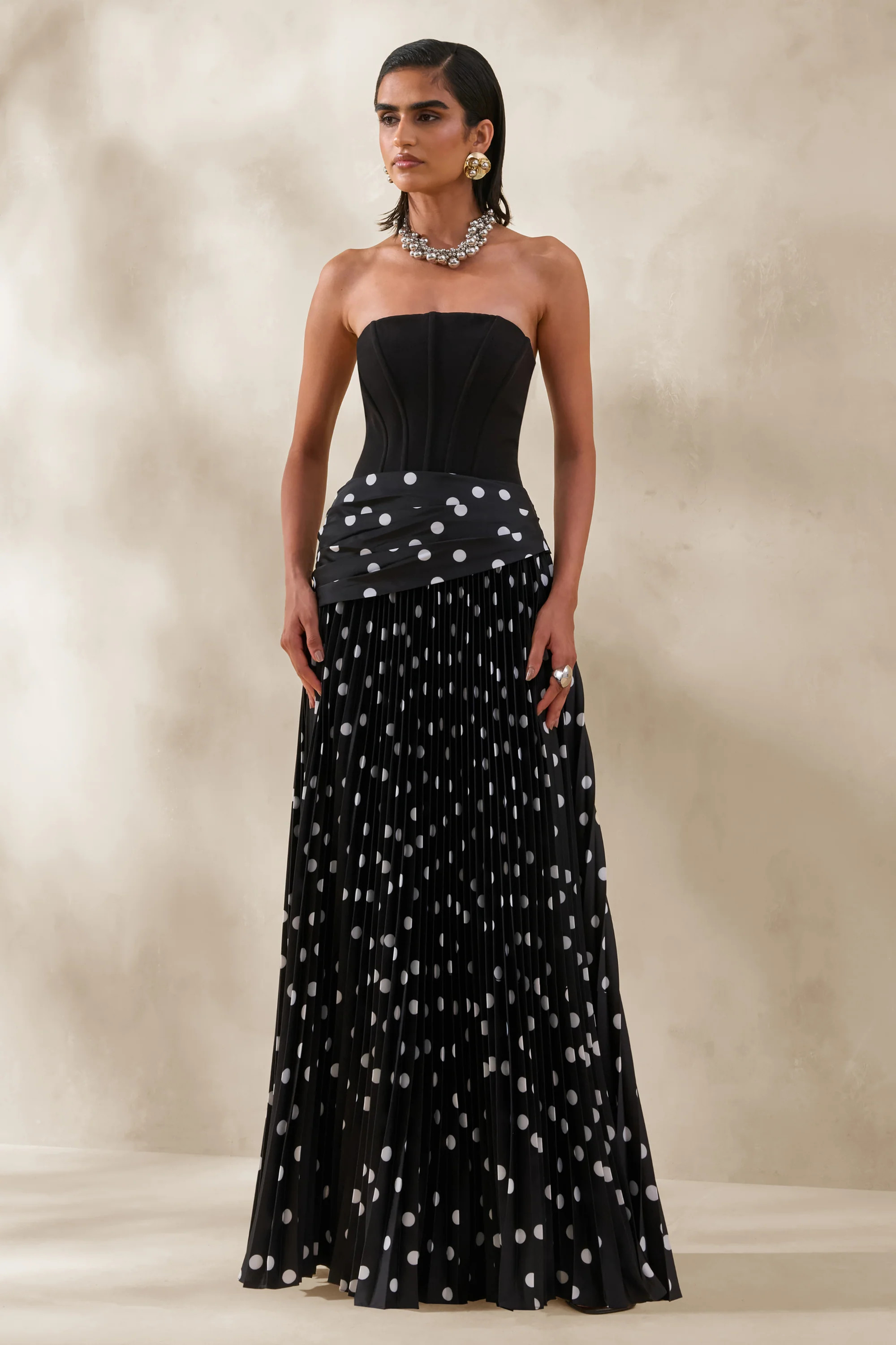 Valerisse | Black And White Polka Dot Bandeau Maxi Dress | Club L London