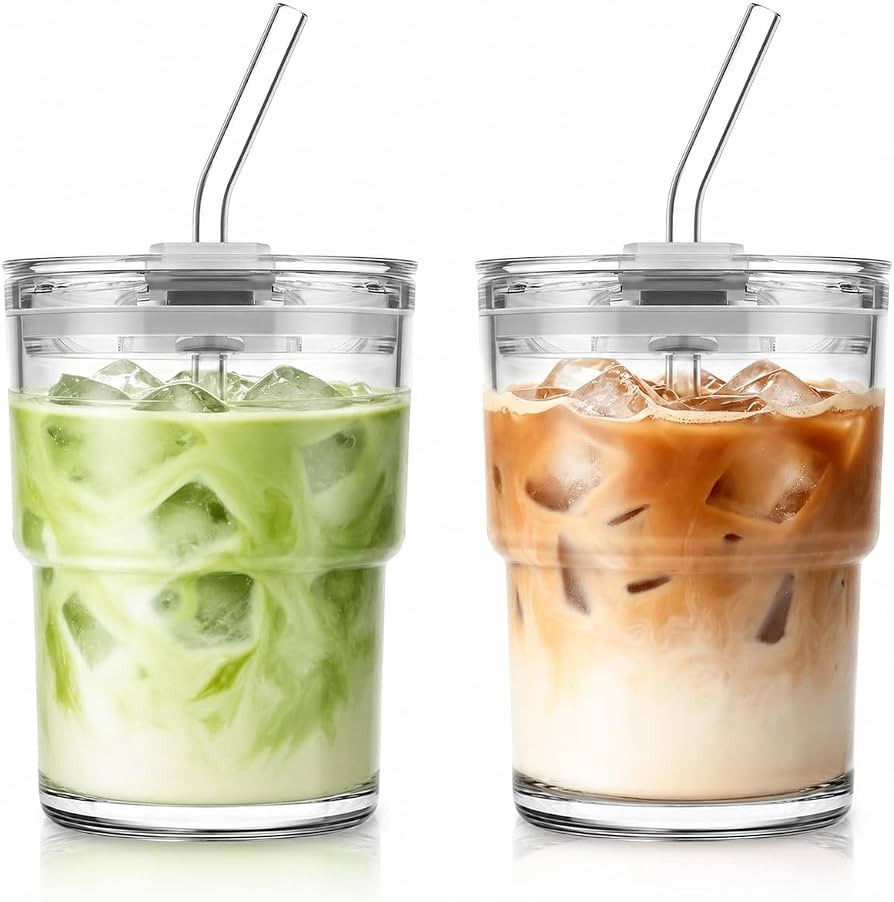 KEMORELA 13oz Matcha Glass Tumbler with Straw and Lid, Iced Coffee Cups | Amazon (US)