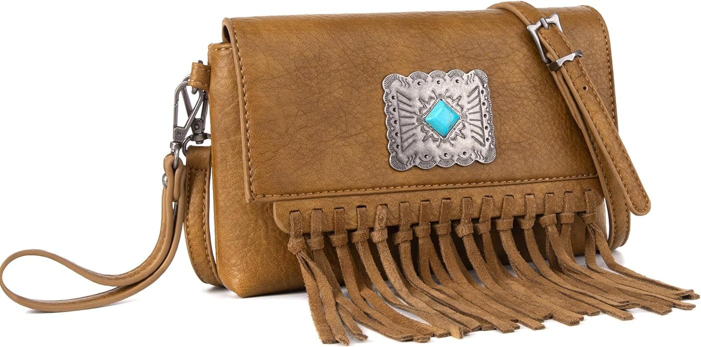 Wrangler Leather Fringe Purse for Women Western Hobo Bag Turquoise Concho Shoulder Handbag | Amazon (US)