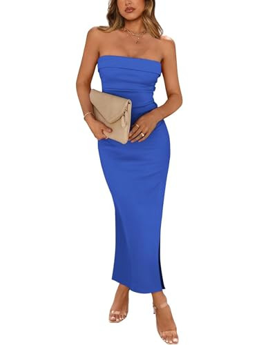 MessBebe Women's Summer Dress Strapless Bodycon Maxi Sexy Tube Side Slit Elegant Wedding Long Clu... | Amazon (US)
