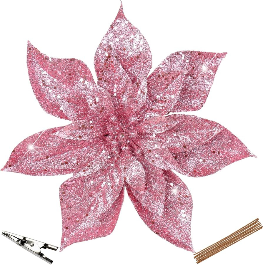 Briful 9'' Christmas Poinsettia Flowers 8PCS Pink Glitter Artificial Flowers Large Christmas Orna... | Amazon (US)