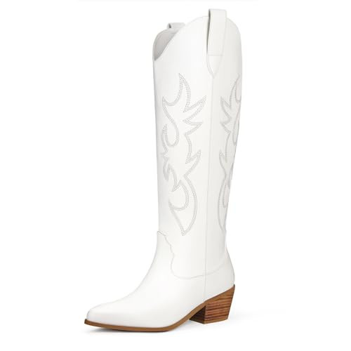Ouepiano White Cowgirl Boots Women Cowboy Knee High Tall Boots Chunky Heel Pointed Toe Pull-On Western Wide Calf Boats Country Fashion (White, Size 7.5) | Amazon (US)