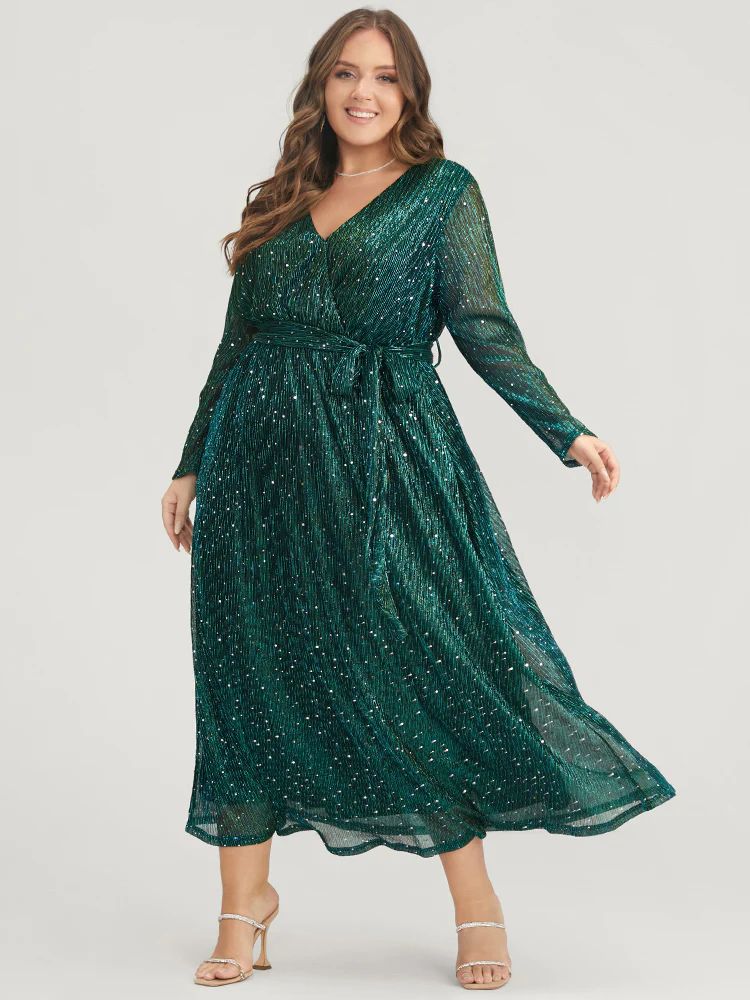 Solid Pocket Wrap Belted Sequin Mesh Maxi Dress | Bloomchic