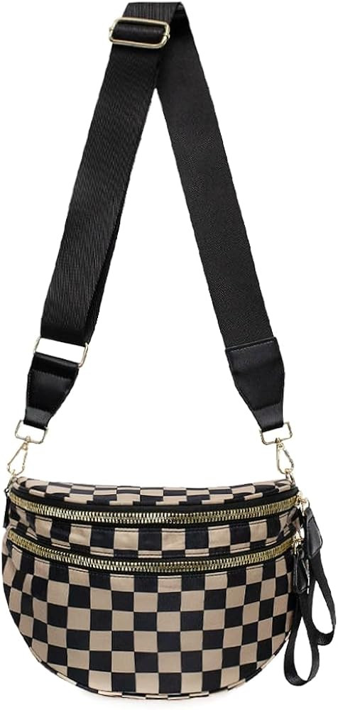 Checkered Nylon Crossbody Bags for Women Plaid Crescent Waist Bag Crescent Fanny Pack Shoulder Ba... | Amazon (US)