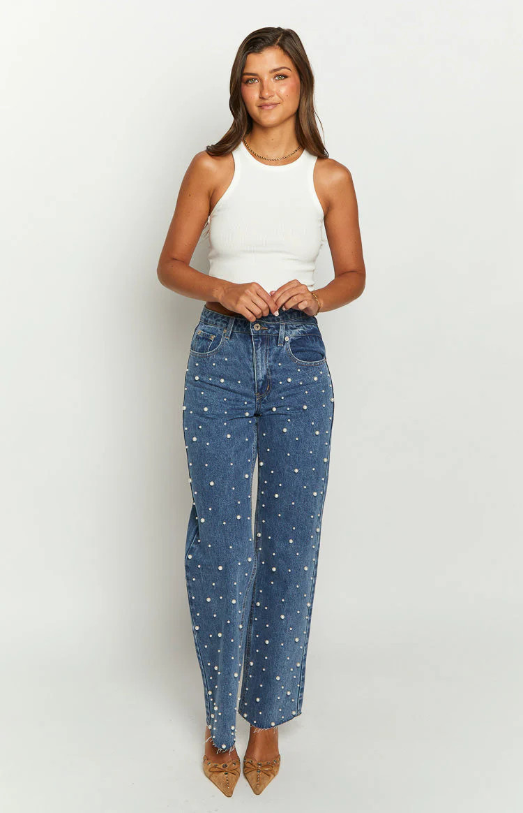 Denim Dazzle Pearl Mid Wash High Waisted Jeans | Beginning Boutique (US)