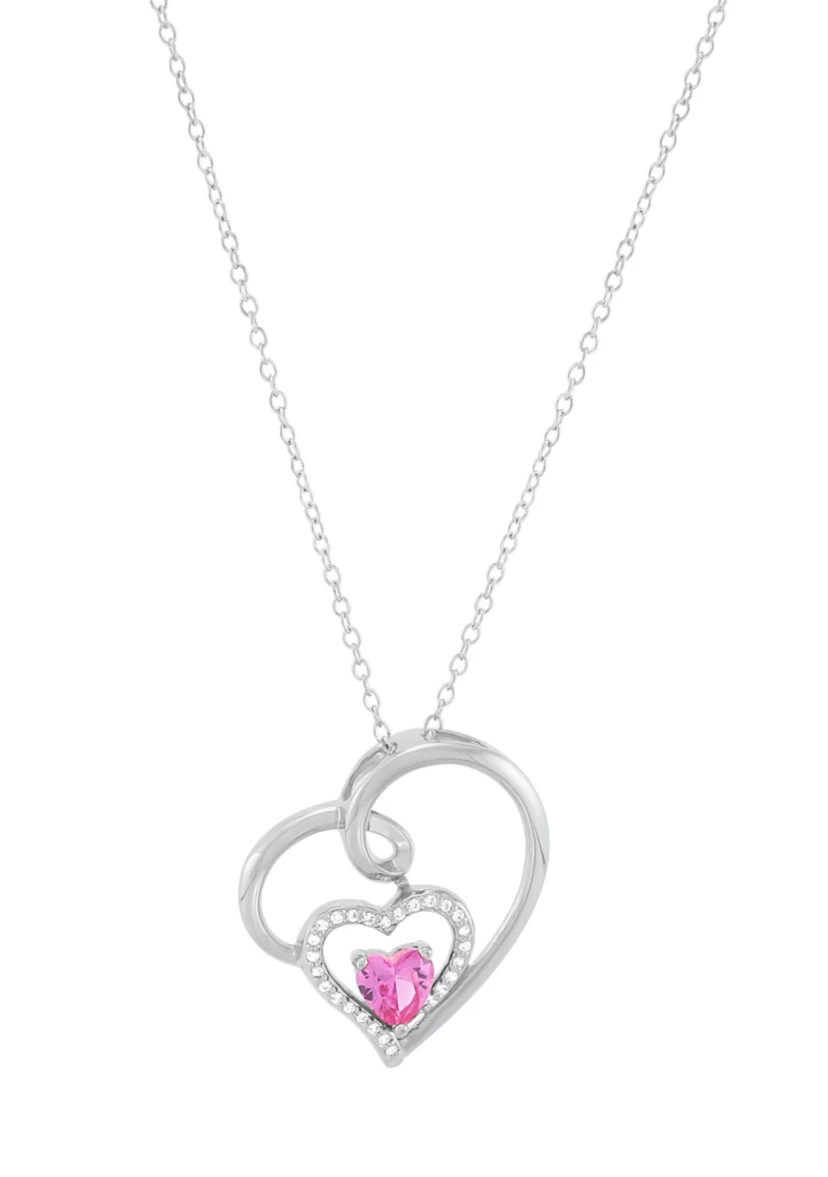 Lab Grown Pink and White Sapphire Heart Pendant with 18" Cable Chain in Sterling Silver | Belk