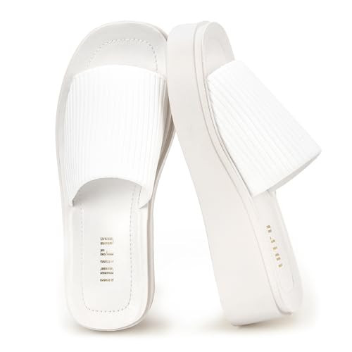 IDIFU White Platform Sandals for Women Comfortable Chunky Open Toe Slip On Wedge Sandal Cute Vacation Summer Beach Slide Sandals (White, 8.5) | Amazon (US)