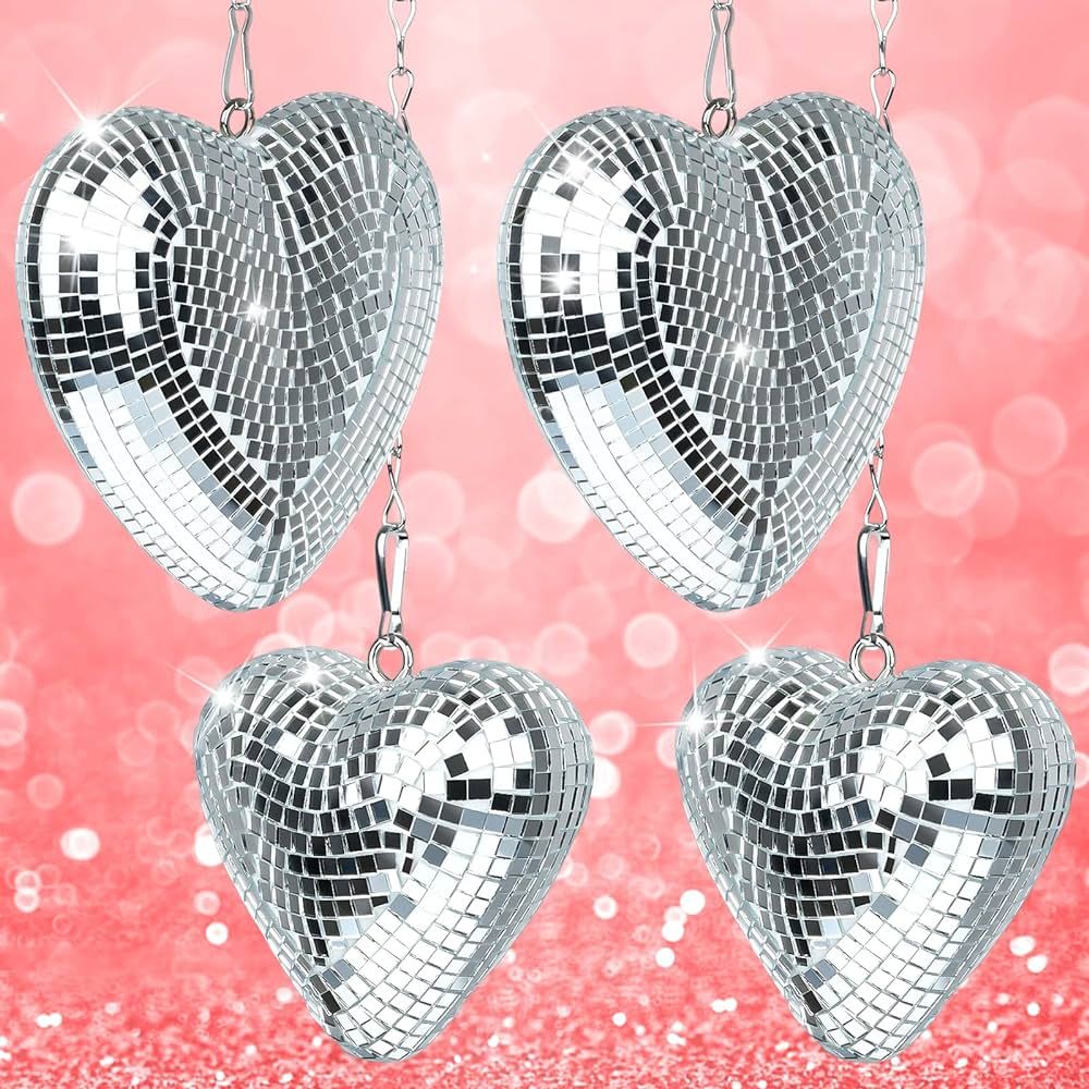 4 Pack Hanging Party Disco Ball Heart Shaped Mirror Disco Party Ornaments 4.3/6.3 Inch Portable S... | Amazon (US)
