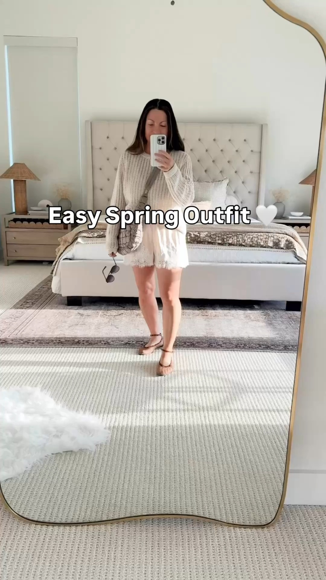 Easy spring outfit 2026  I know I’ll be wearing on repeat 🤍 This lightweight knit sweater is perfect for layering and I love how it pairs with these satin lace shorts for a soft, feminine look. Styled with my go-to Amazon mesh flats, everyday bag and sunnies for an effortless outfit that works for brunch, errands, date night outfit, or casual days out. Everything is linked for easy shopping. Follow me on LTK for daily outfit ideas, Amazon finds and home decor inspiration.

#LTKootd #LTKvlog #LTKPetite