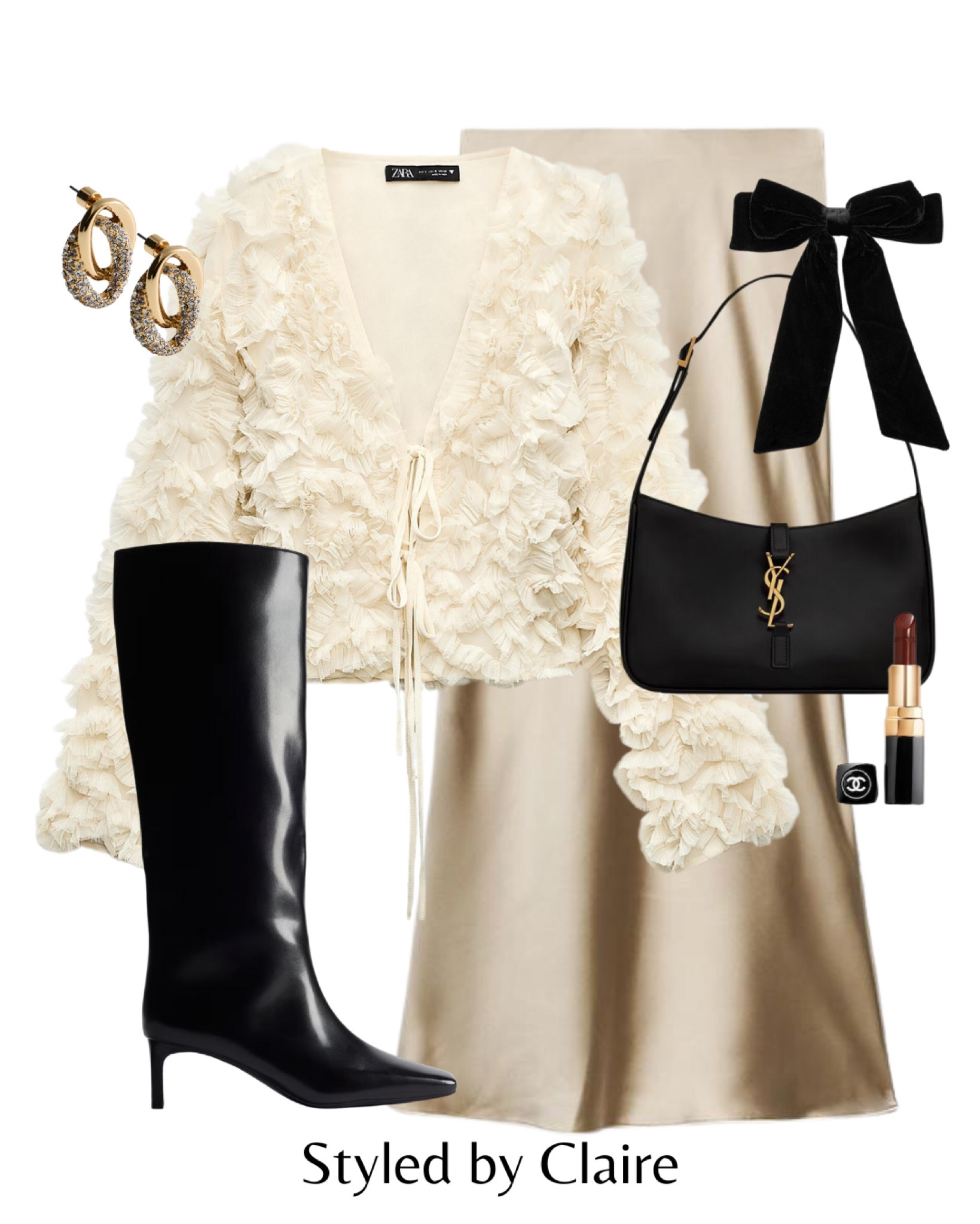 Chic Christmas Party Inspo with a gold satin skirt and ruffled top🥂
Tags: knee high black boots YSL bag hair bow zara trending tie top earrings fashion outfit ideas for Xmas night out work classy new year chic women’s style statement

#LTKpartywear #LTKstyletip