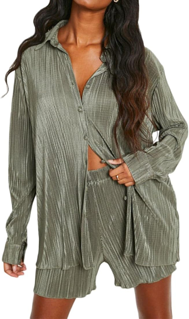 Women 2 Piece Pleated Pants Set Long Sleeve Button Shirt Blouse Top Long Wide Leg Pants Outfits Summ | Amazon (US)