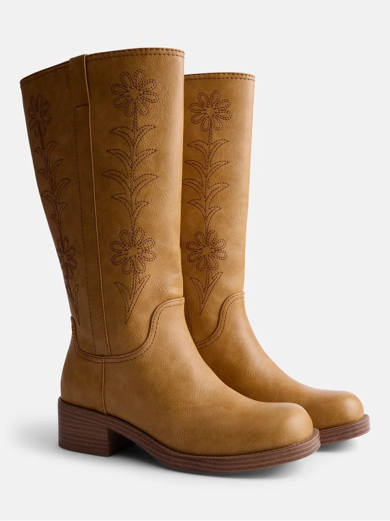 No Boundaries Women's Floral Embroidered Block Heel Boots | Walmart (US)