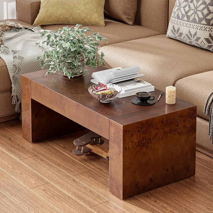 COZAYH Modern Burl Finish Coffee Table, Wood Block Center Table with Thick Legs, Minimalist Recta... | Amazon (US)