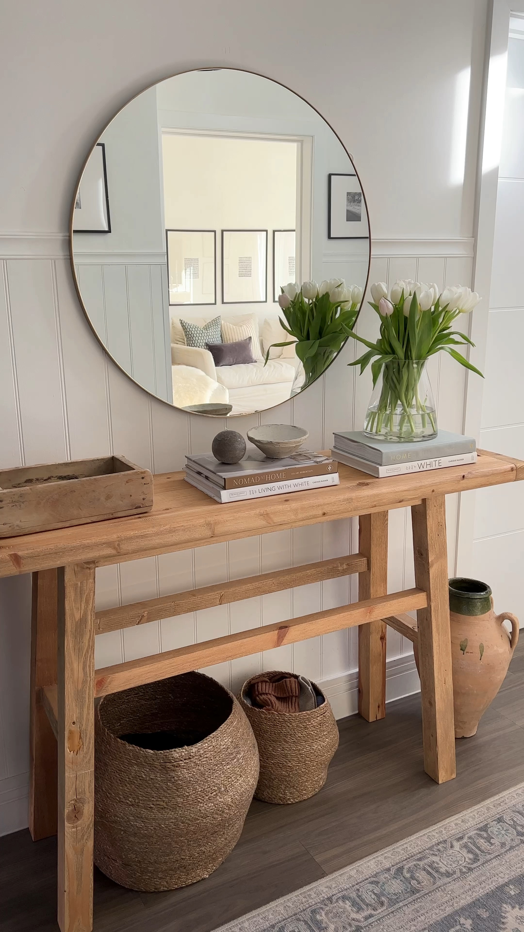 Hallway entryway styling with hints of spring. Love this £7.50 M&S vase for tulips. 

#LTKeurope #LTKhome #LTKSeasonal