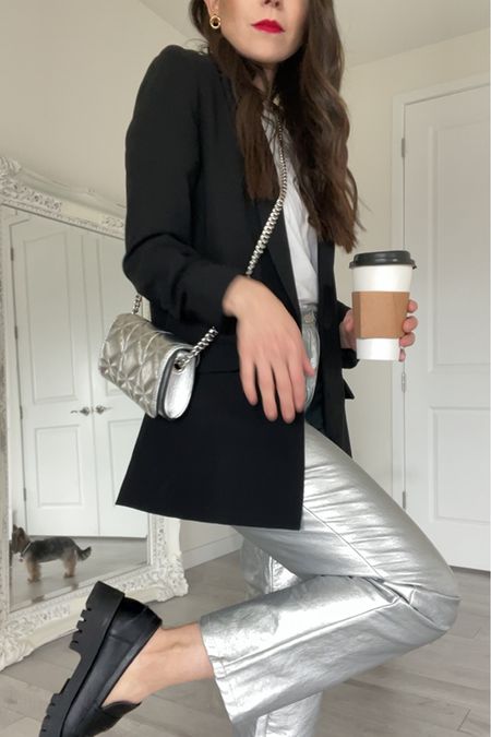 Black blazer with silver pants and black loafers 🖤☕️

Blazer outfit, silver pants outfit, metallic pants outfit, cute loafers, loafers outfit, chunky loafers, prepster, casual chic outfit, young professional outfit, workwear outfits, work outfit, office outfit 

#LTKstyletip #LTKworkwear #LTKshoecrush