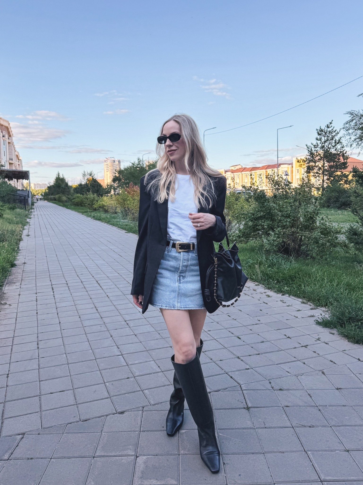Date night outfit, transitional season, oversized blazer with denim mini skirt and tall boots, over 40 date night

#LTKSeasonal #LTKOver40 #LTKSaleAlert