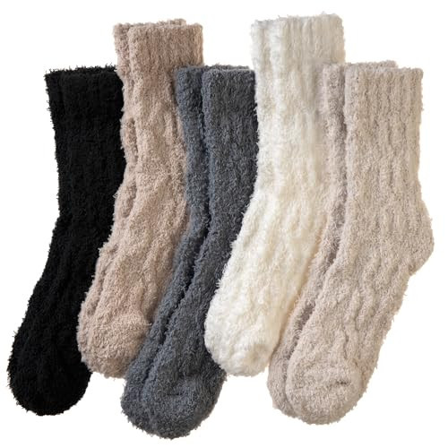 AMENLAN Women Fuzzy Slipper Socks Fluffy Cozy Comfy Cabin Plush Warm Thermal Winter Soft Home Sleep Socks (5 Pairs Black/White/Beige) | Amazon (US)