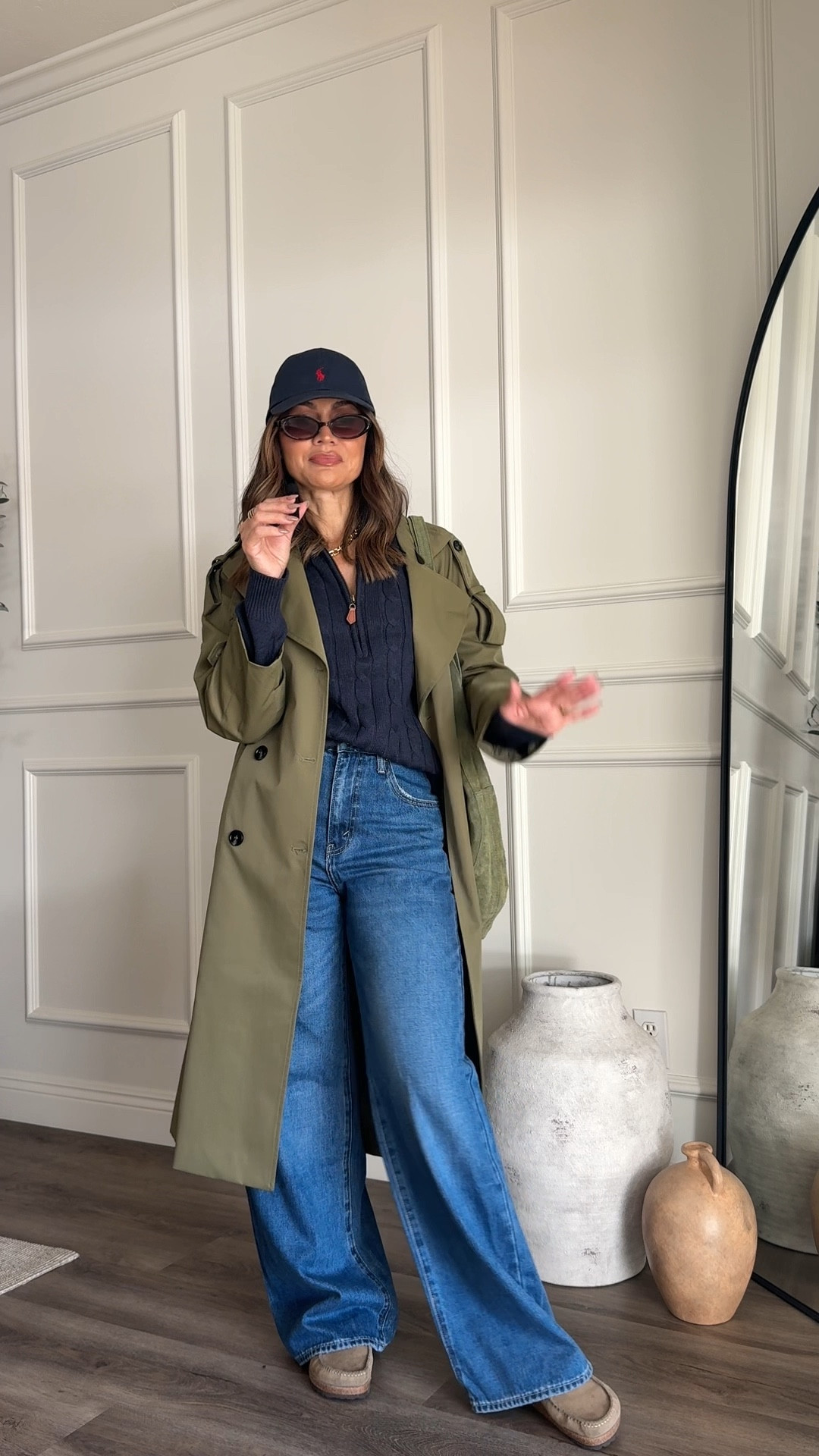 Would you believe me if I told you my entire outfit is from @amazon?? You’re welcome 🤌🏻🤌🏻🤌🏻🤌🏻
Sizing info:
Half zip polo/ medium (for an oversized fit) 
Trench coat / small 
Cinch waist jeans / 26
I’m 5’4”/130


khaki trench coat outfit, wide leg jeans fall style, casual fall uniform, cable knit sweater outfit, baseball cap chic outfit, effortless fall style

#LTKU #LTKSeasonal #LTKOver40