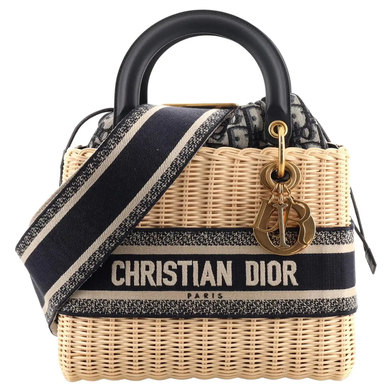 Christian Dior Lady Dior Bag Wicker and Oblique Canvas Medium | 1stDibs