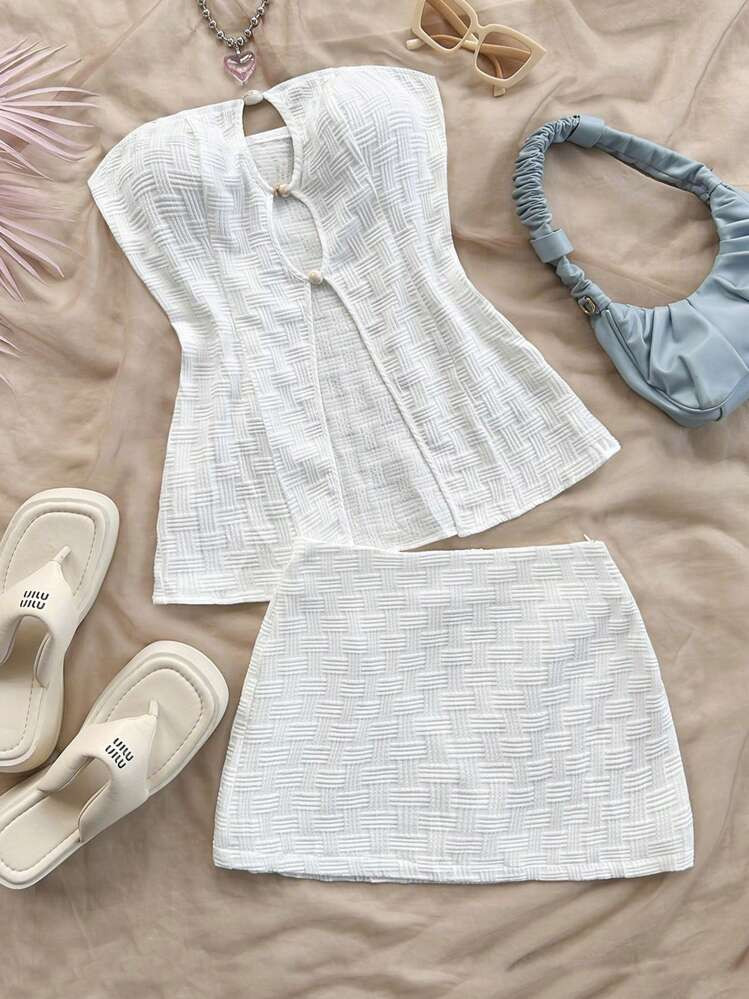 Soleia Women's Holiday Woven Texture Jacquard Vest Top With Beads Embellishments And Ultra-Low Rise Skirt | SHEIN