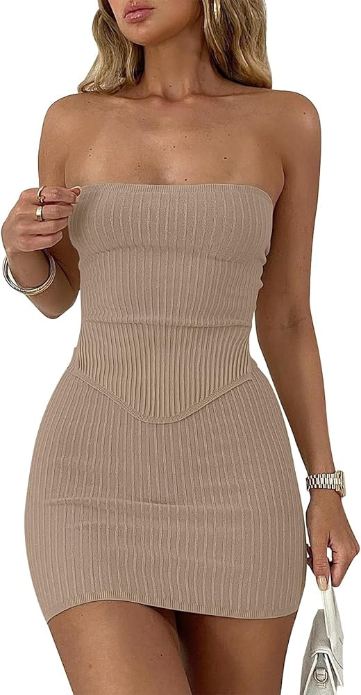 ANRABESS Womens Sexy Summer Two Piece Outfits Bandeau Going Out Crop Tops Bodycon Mini Skirt Mini... | Amazon (US)