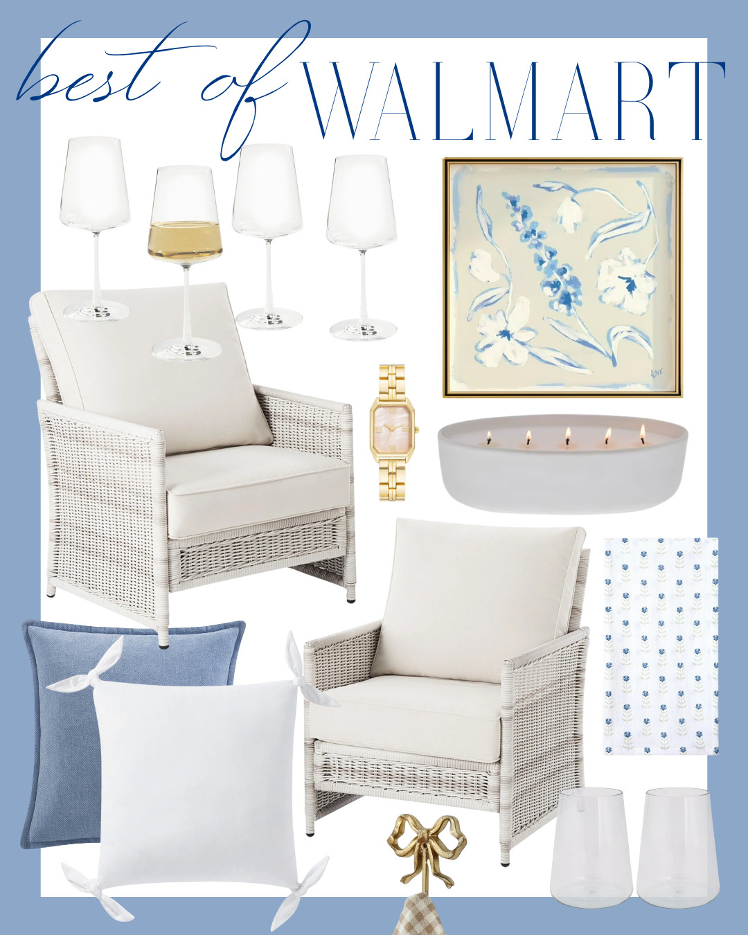 Blue and white Walmart home finds: white wicker chairs, blue and white pillows, glassware, oversized candle, floral wall art, and more. Classic, timeless, and perfect for a grandmillennial home.

#blueandwhitehome #grandmillennialhome #classichomedecor #walmarthomefinds #blueandwhitefinds #timelesshomestyle #affordablehomedecor #properlyshopped 

 

#LTKHome #LTKFindsUnder50 #LTKFindsUnder100