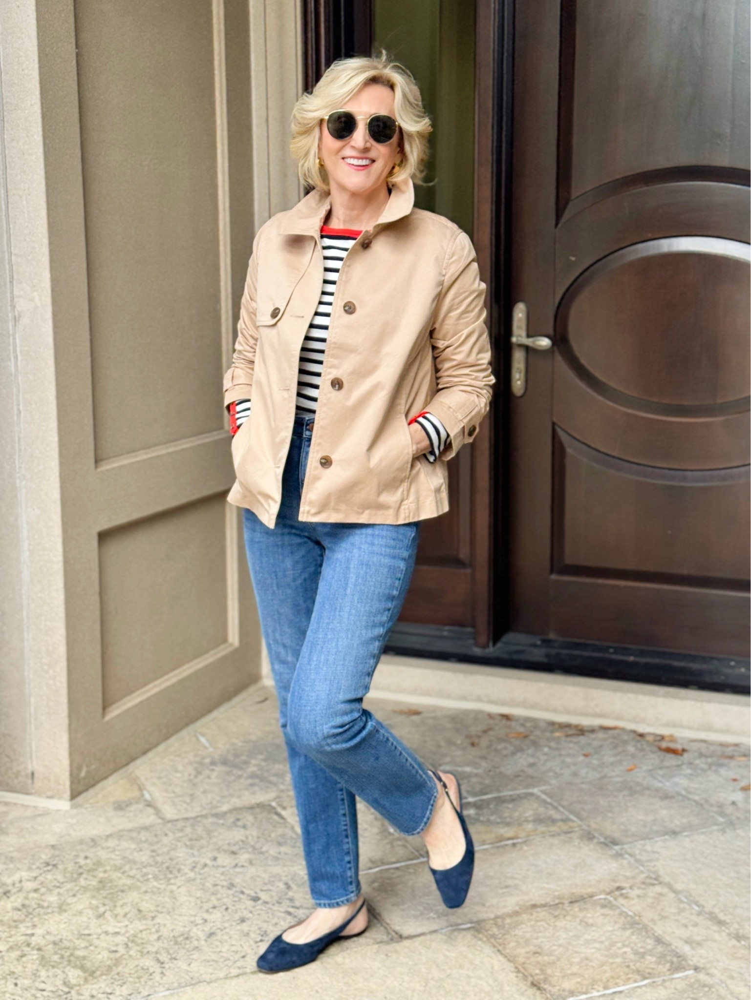 A striped shirt, denim jeans, and ballet flats will always have my heart 🤍 Adding the cropped trench coat made this outfit feel a little more polished, and the velvet ballet flats were the perfect finishing touch. One of those classic looks that feels effortless but still so put together ✨

#LTKgrwm #LTKSeasonal #LTKOver40