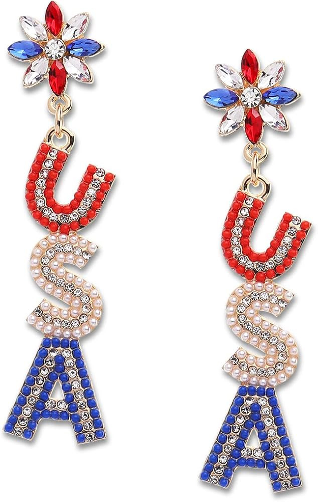 Jean Beau 4th of July Patriotic Earrings for Women, American Flag Red White Blue Rhinestone Dangl... | Amazon (US)