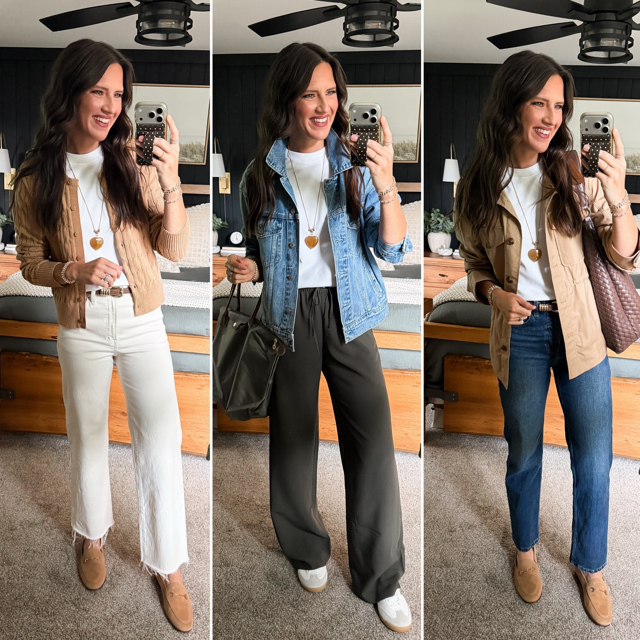 Fall Capsule Wardrobe - White Tee 

Tee (small) 
Ivory jeans (27 long) 
Camel cardigan (size up, I’m in a medium) 
Denim jacket (xs/sm)
Olive pants (small tall)
Tan jacket (medium) 
Straight leg jeans (26 regular in the medium wash)