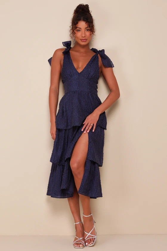 Blissful Direction Navy Tie-Strap Clip Dot Bustier Midi Dress | Lulus