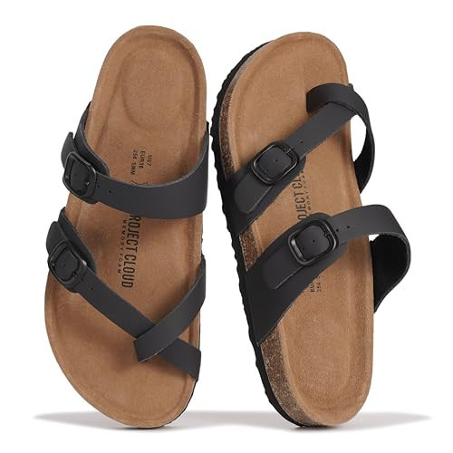 Project Cloud 100% Genuine Leather Womens Sandals -Lightweight Womens Slides Memory Foam Insole & Cork Footbed Sandals Women - Non-Slip Beach Essentials Summer Sandals for Women 2026, BLKMONOLEA,5.5M | Amazon (US)