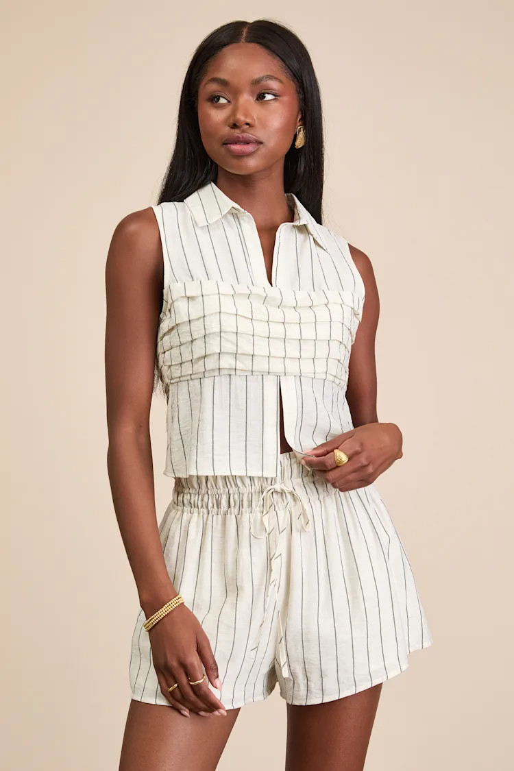 Clarette Light Beige Striped Pleated Collared Top | Lulus