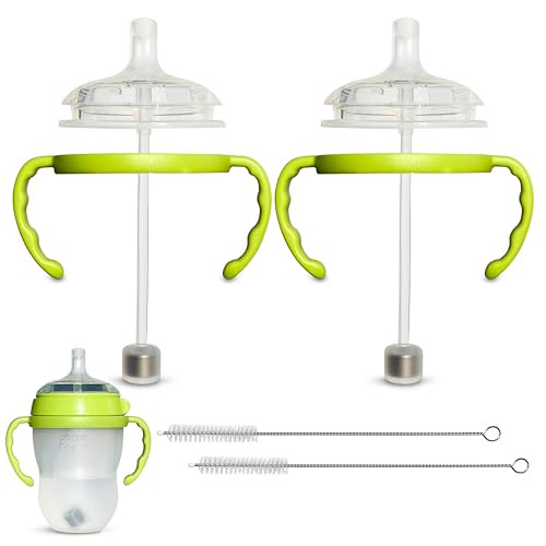 Straw Cup Conversion Kit for Comotomo Baby Bottles 2-Count, Food Grade Silicone Straw Nipples, All Silicone Weighted Straw, Bottle Handles and Cleaning Brush, BPA Free, 6+ Months (Straw Top, Green) | Amazon (US)