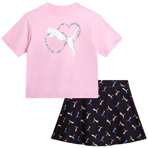 PUMA Girls Active Skirt Set- 2 Piece Active Skort and Short Sleeve Athletic T-Shirt - Sporty Girls Summer Outfits Set (7-14), Size 12-14, Pink/Black | Amazon (US)