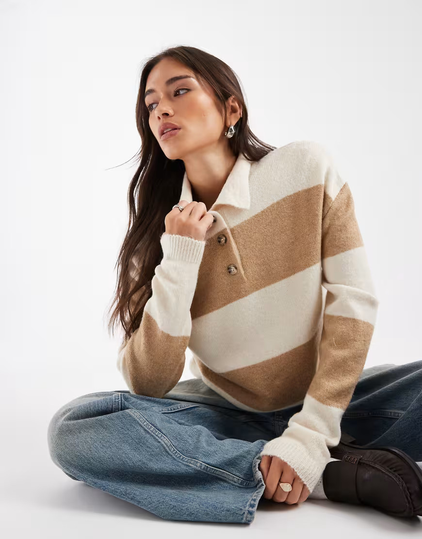 ASOS DESIGN knit rugby top in beige stripe-Neutral | ASOS (Global)