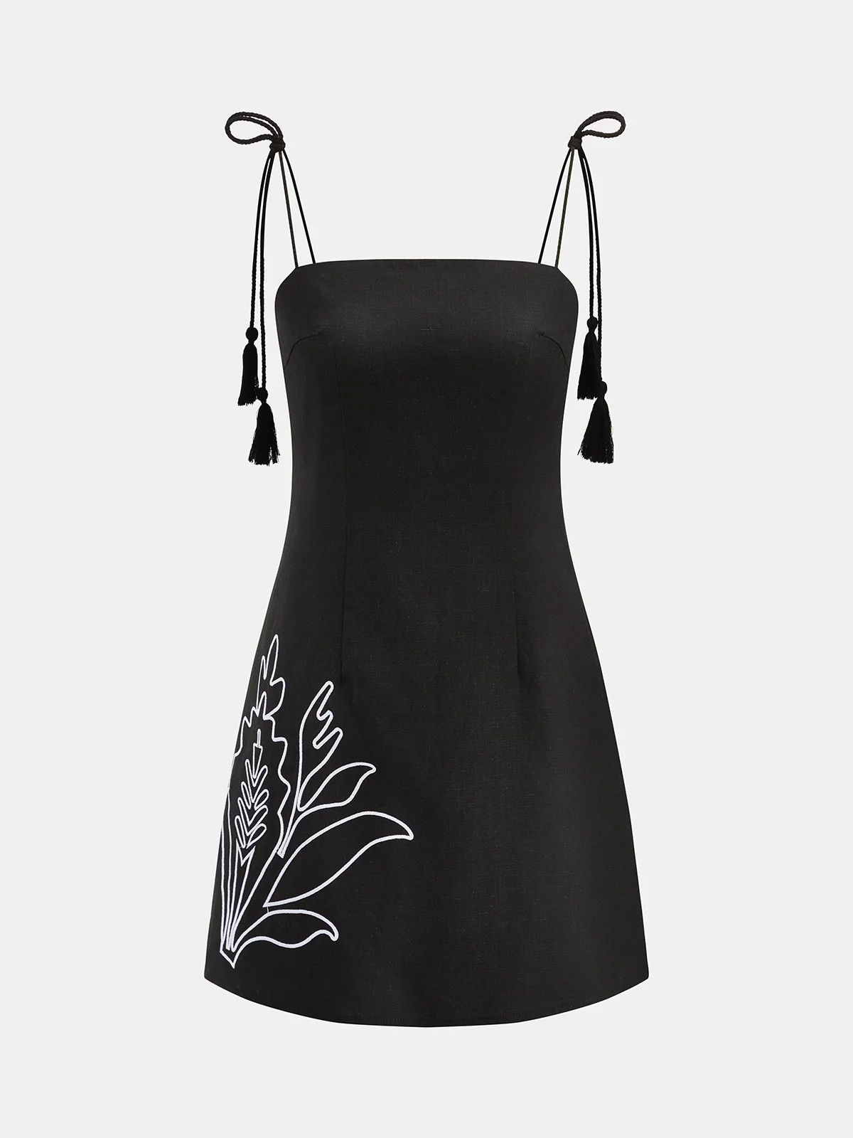 Tassel Tie Embroidered Linen Blend Mini Dress | Commense