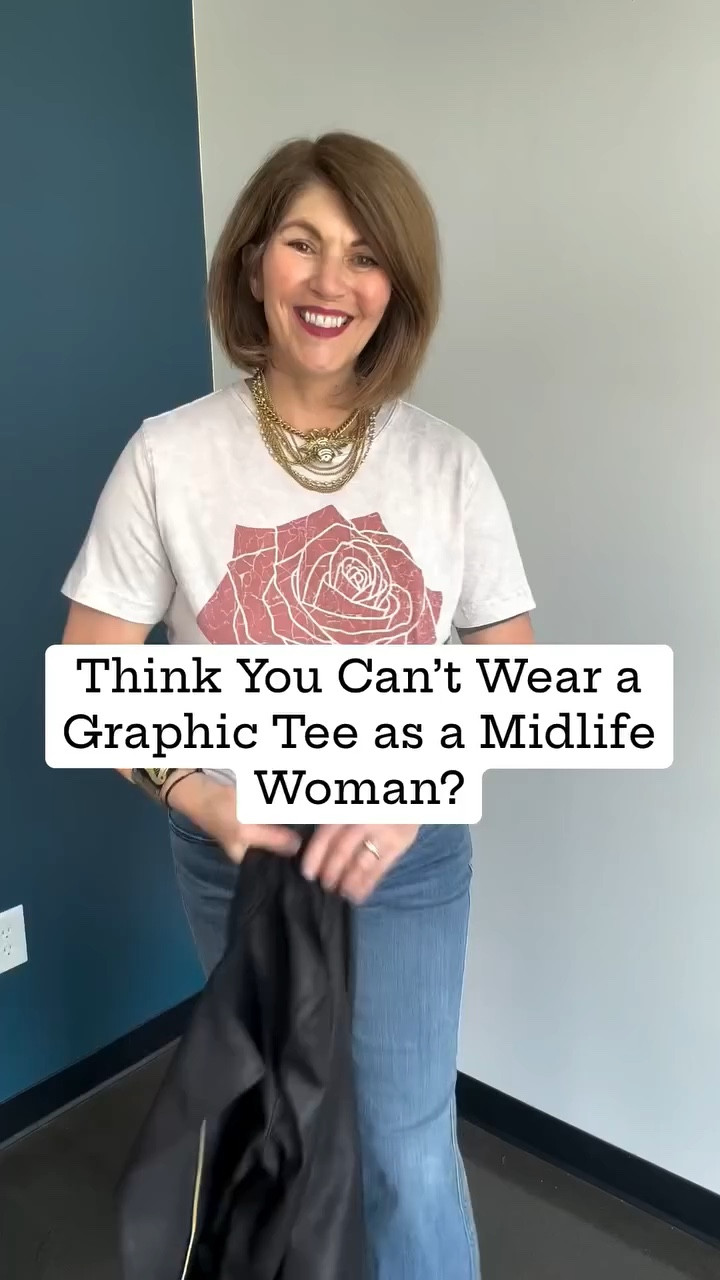 Think you can’t wear a graphic tee in Midlife? Think again!💪 First of all, you’re never too young or too old to wear something that brings you joy!💫

But the key to wearing anything is HOW you wear it! Style it, zhuzh it and create a look that’s all your own, whether it’s classic and polished or relaxed and boho.

Which look is your fave?

Shop my LTK for a link for this fab tee - under $20!