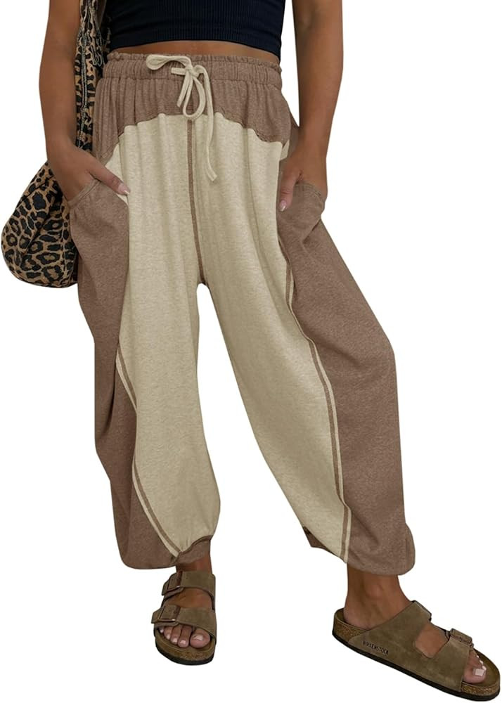Fisoew Womens Baggy Wide Leg Harem Barrel Pants Casual Elastic Waist Drawstring Color Block Worko... | Amazon (US)