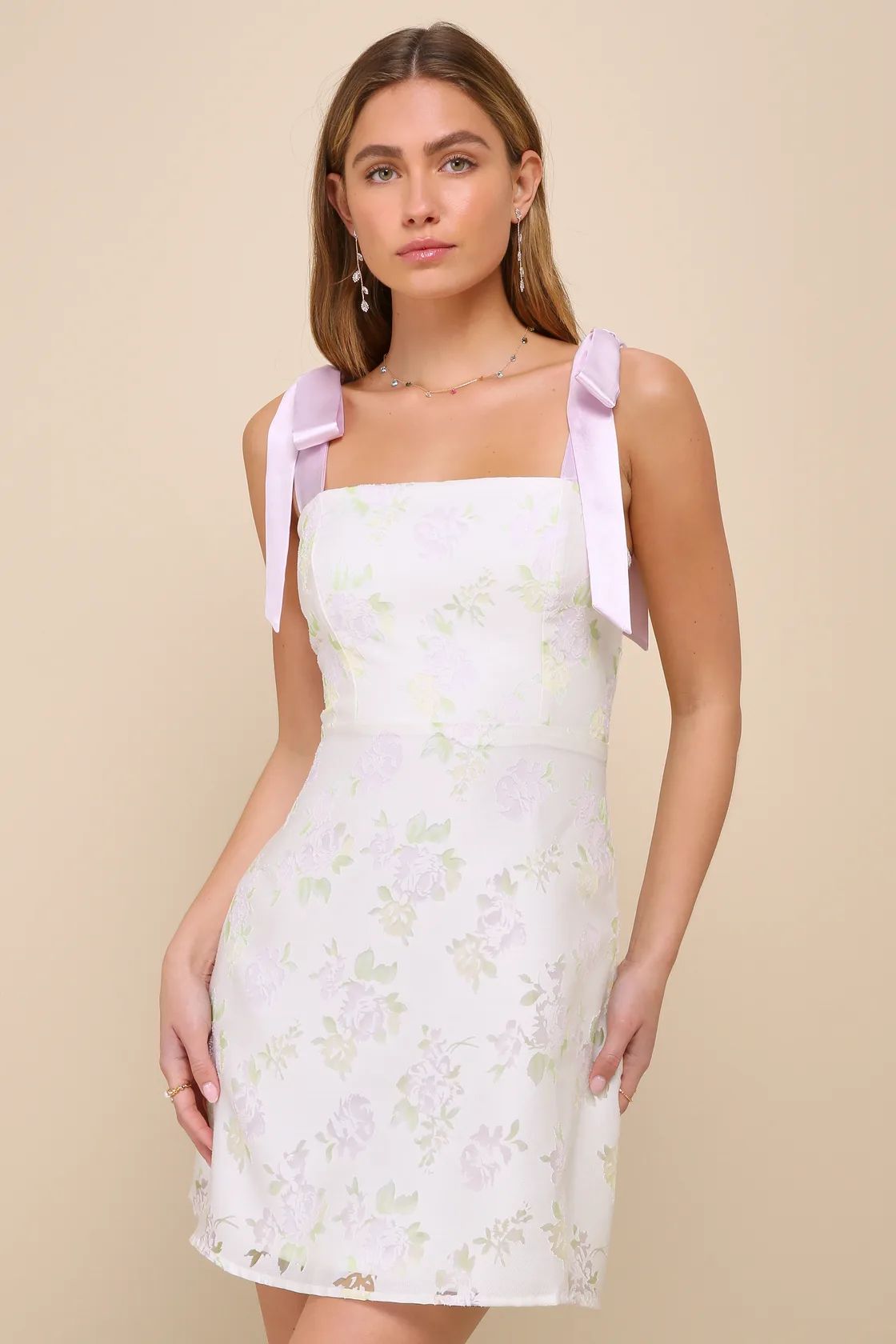 Sweeten the Day Cream Floral Burnout Tie-Strap Mini Dress | Lulus