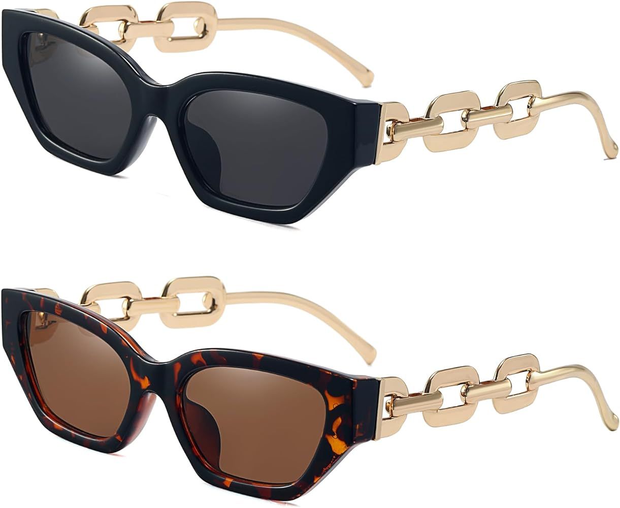 Retro Cat Eye Sunglasses for Women Hexagon Narrow Rectangle Frame Metal Chain Arm Luxury Sunglass... | Amazon (US)