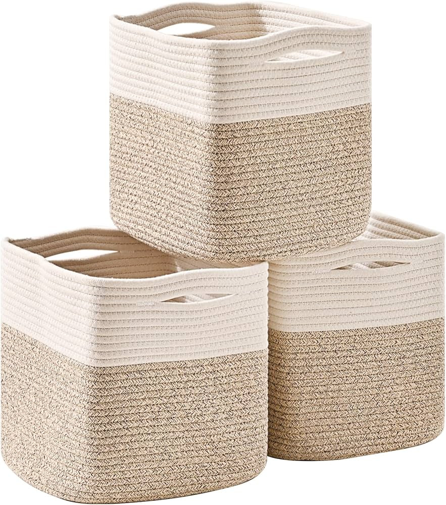 11 Inch Cube Storage Bins, Organizer Woven Cotton Rope Square Baskets for Organizing Shelves, Toy... | Amazon (US)