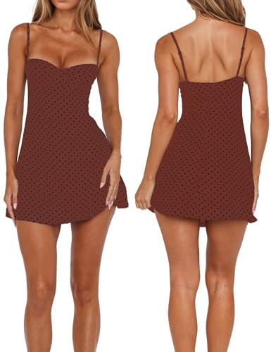 Women’s Polka Dot Y2K Dress Spaghetti Strap No Bust Underwire Trendy Outfits Backless A-Line Pullover Short Dress | Amazon (US)