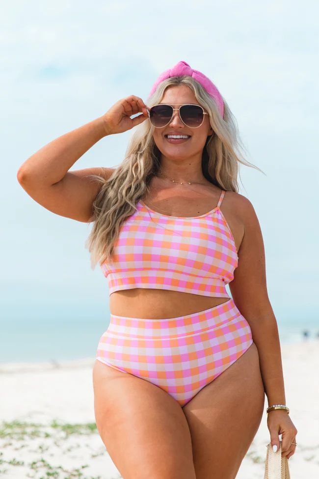 Kind Of Coastal In Girly Gingham Swimsuit Bottom & Sarong | Pink Lily