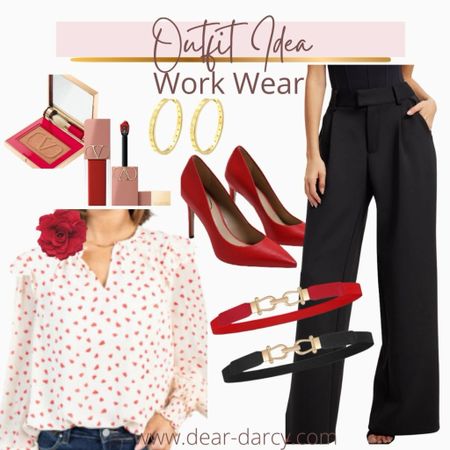 Outfit inspiration🖤💋♥️

Work wear with a touch of love🖤

This sweet blouse with tiny hearts ♥️
I’ve had this shirt a couple seasons and love it♥️ fits tts and looks cute with trousers shown or jeans!

This look is perfect for the office!

Trousers- good American scuba trousers 
Fits tts , a great wide leg and works if your tall 

Thin belts 2 pack under $15

Red heal fits fits 

Valentino ip stick - buttery soft like silk on your lips 💋

Valentino  powder! Gives your skin a flawless finish 

Heart beaded earrings ♥️
