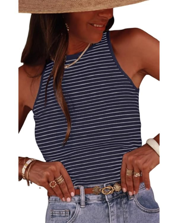 Women's Stripe Ribbed Knit Tank Tops Summer Casual Slim Fit Sleeveless Tops for Daily Wear | Amazon (US)