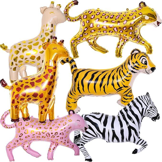 6 Pieces Giant Jungle Safari Animals Balloons,Large Zebra Giraffe Leopard Cheetah Tiger Foil Ball... | Amazon (US)