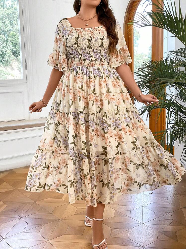 SHEIN Holidaya Plus Floral Print Flounce Sleeve Ruffle Hem Summer Boho Dress Women Outfit | SHEIN