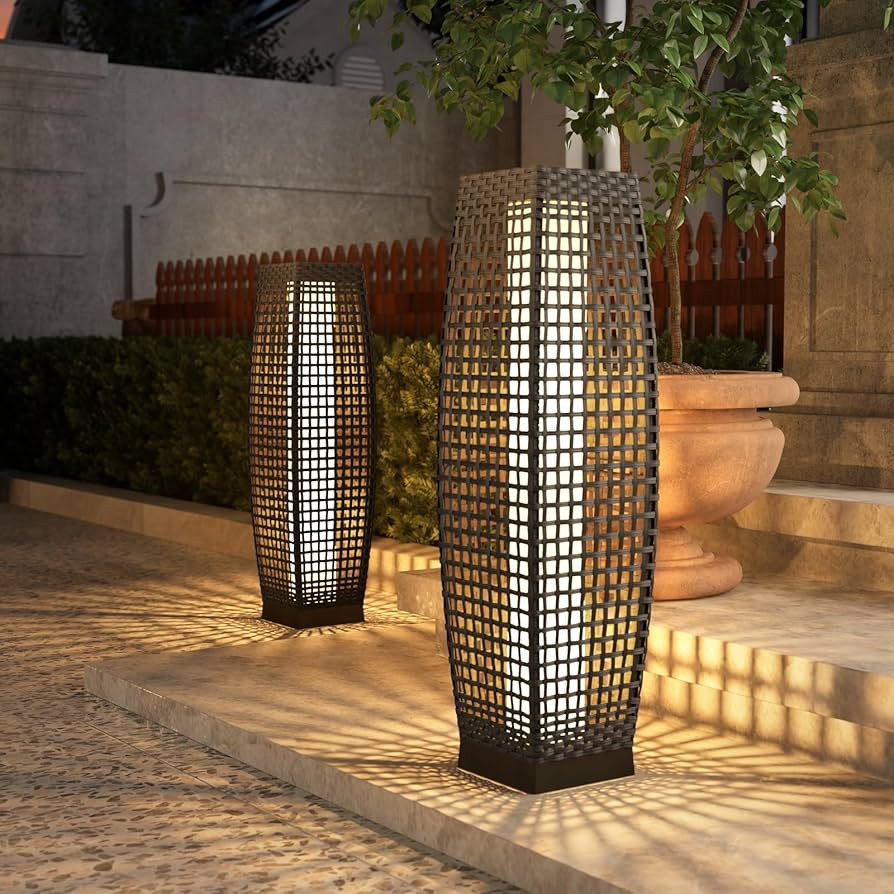 Grand patio Outdoor Floor Lamp Solar Powered Lantern Water–Resistant Resin Wicker Deck Patio Li... | Amazon (US)