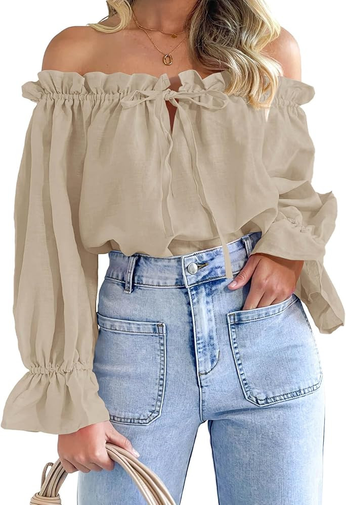 Imily Bela Womens Off The Shoulder Tops Puff Long Sleeve Tie Front Loose Fit Ruffle Shirts Blouse... | Amazon (US)